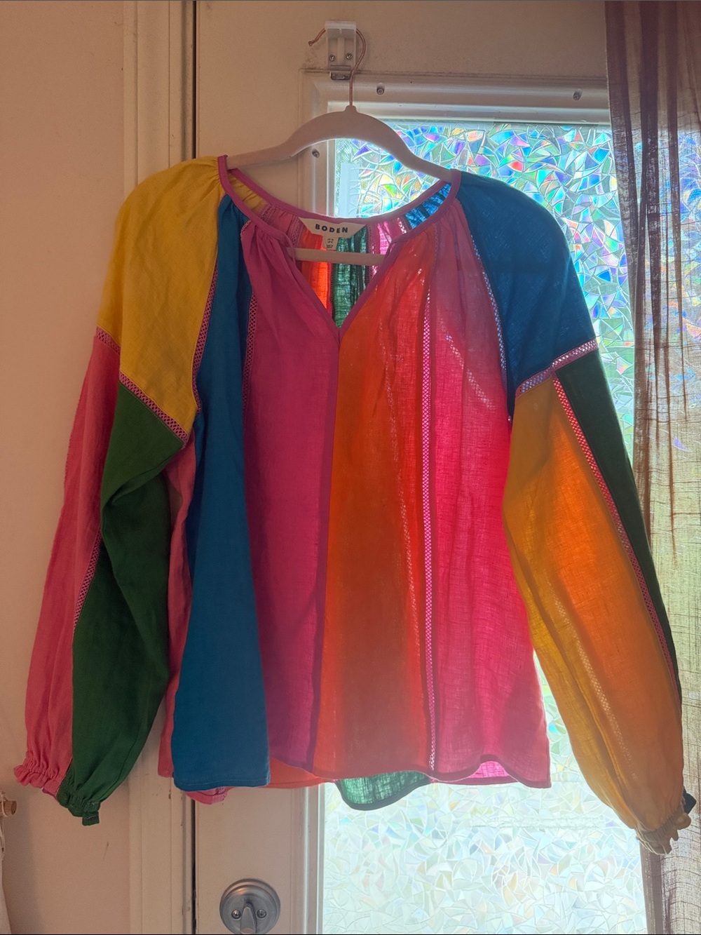 Boden Colorblock Peasant Blouse — Pink, Orange, Blue, Yellow, Green
